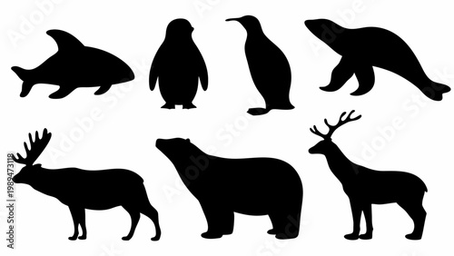 Collection of diverse arctic and marine animal silhouettes including a killer whale penguin seal reindeer polar bear and deer presented on a clean white background for versatile