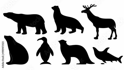 Diverse arctic and antarctic wildlife silhouettes collection polar bear seal penguin dolphin and reindeer graphic icons for nature and conservation themes