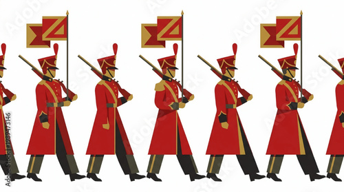 Historical Soldiers Marching in Uniform with Flags.