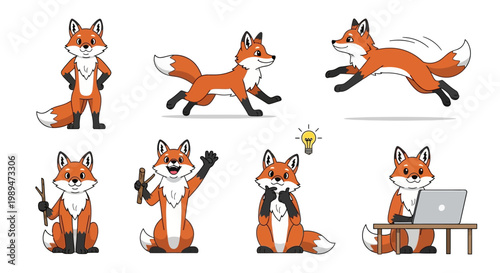 Collection of Adorable Cartoon Foxes in Various Poses.
