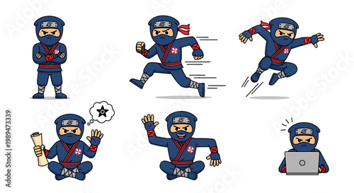 Ninja character set in various action poses.