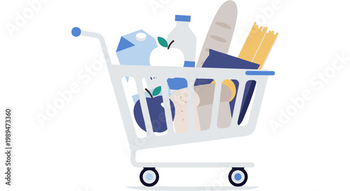 A shopping cart filled with grocery items