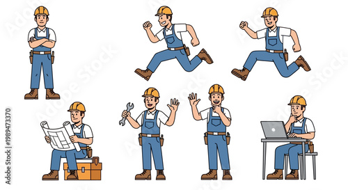 Construction worker in various poses and activities.