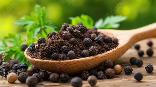 Freshly ground black pepper in wooden spoon.