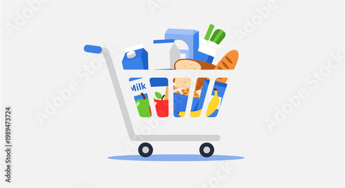 A shopping cart filled with various grocery items