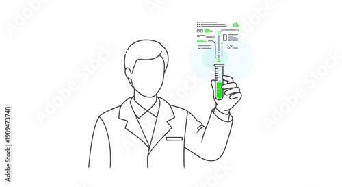 Line drawing of a man in a lab coat holding a test tube with a green liquid and a floating diagram nearby on a white background.