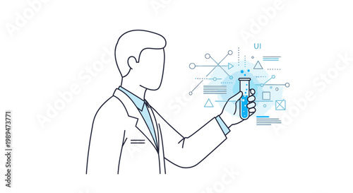 A man in a business suit holds a smartphone with various blue digital icons and graphs floating around it in a white background.