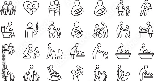 Minimalist line icon set depicting parenting and childcare activities including baby feeding, bathing, medical care, playing, and family bonding isolated on white background.