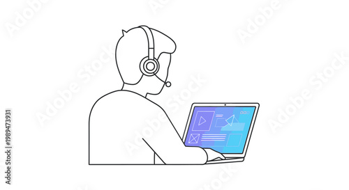 Line drawing of a man wearing a headset while using a laptop with a blue screen in a minimalist setting.