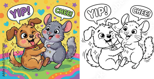 Cute Cartoon Puppy and Chinchilla Playing Together Illustration coloring page.eps
