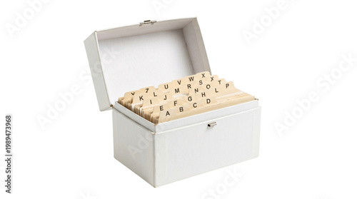 White index card file box with alphabet dividers isolated on transparent background