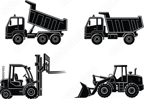 Collection of industrial vehicle silhouettes including dump trucks, forklift, and loader machinery representing construction, transport, and heavy equipment operations