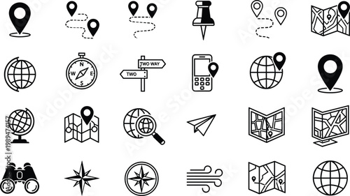 Collection of navigation and location icons featuring maps, pins, compass, GPS, globes, and travel direction symbols in minimalist outline style
