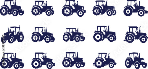 Collection of tractor silhouettes in various styles and angles representing agricultural machinery, farming vehicles, and rural equipment in clean vector illustration