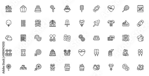 Candyshop icon set. Sweet treats vector collection. Includes candy, lollipop, chocolate, cupcake, jelly beans, cotton candy and more. Editable line icons.