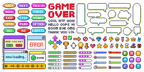Set of pixel video game element with comic speech bubble for mobile and computer. Halftone gaming icon. 8 bit sport art, menu button, y2k sticker, message frame or dialogue box for cyberspace business