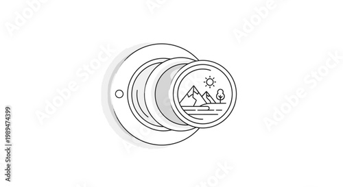 A close-up view of a round thermostat with a mountain landscape design on its dial against a plain white background.