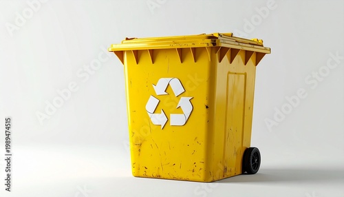 Bright yellow recycling bin with the universal recycling symbol, symbolizing environmental protection, sustainability, and waste management for eco-friendly practices