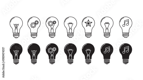 Collection of sketchy light bulbs with various internal designs