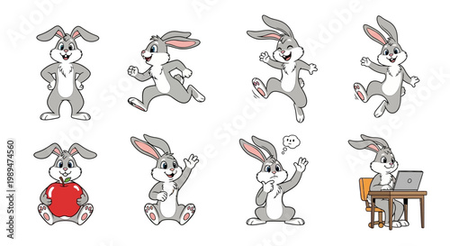 Cute Cartoon Bunny Character Set With Multiple Poses.