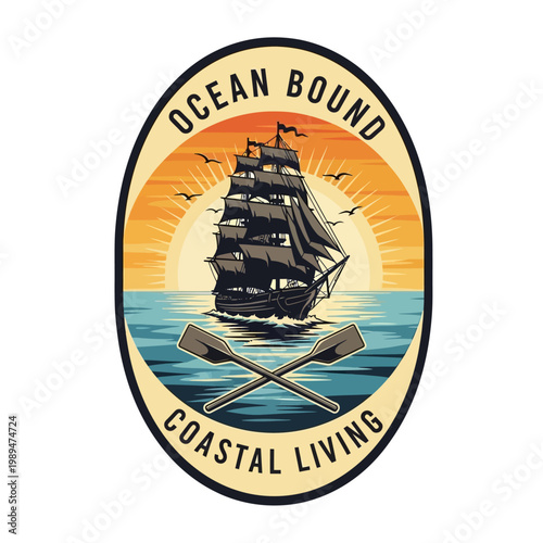 Vintage Tall Ship Sailing on the Ocean with Oars.