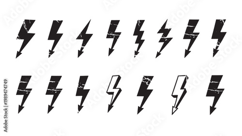 Collection of black lightning bolt icons and symbols on a white background