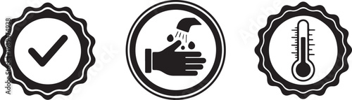Set of icons for hygiene and health protection with check mark and thermometer.