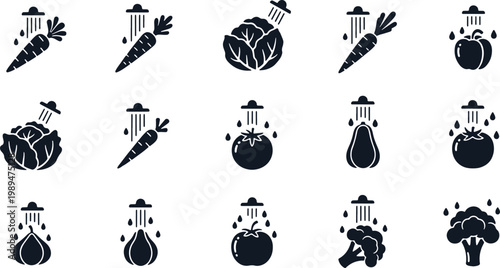 Collection of fresh vegetables being washed under running water hygiene symbols on transparent background.
