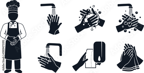 Chef and hand washing process icons on transparent background hygiene and cleanliness in kitchen.