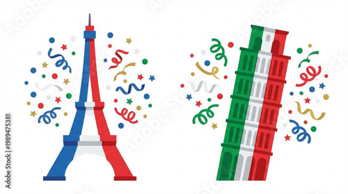 Eiffel Tower and Leaning Tower of Pisa with Flags and Confetti.