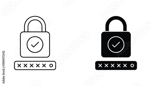 Security padlock icon set with password input field for user authentication and cyber protection vector graphics in linear and solid styles for web interface design and digital data privacy concepts