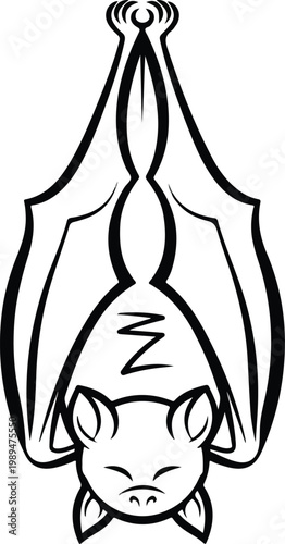 A black and white line art illustration of a sleeping bat hanging upside down.