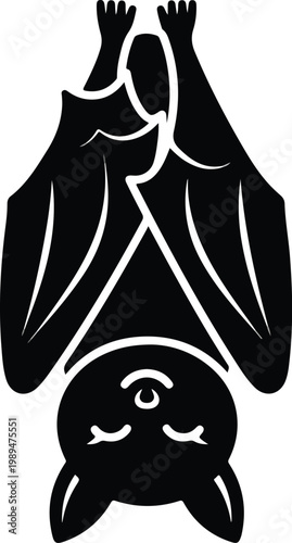 Minimalist black and white vector icon of a cute sleeping bat hanging upside down.