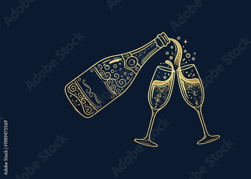 Goldchampagnebottleandglassescelebrationiconondarkbackground