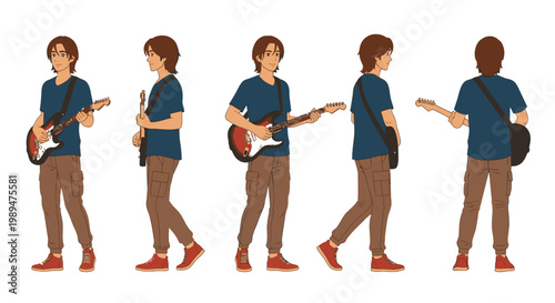 Young Man Playing Electric Guitar in Multiple Poses.