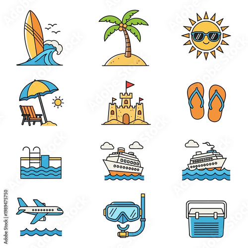 Collection of Summer Vacation and Travel Icons.