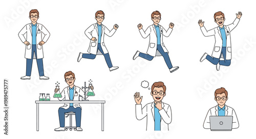 Scientist Character Set Showing Various Poses and Actions.