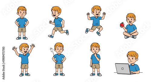 Collection of Cartoon Boy Poses and Activities.