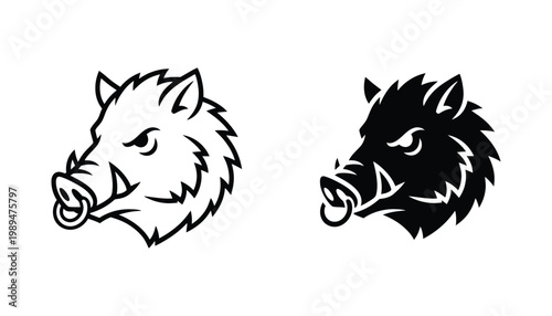 Stylized wild boar head mascot logo design in outline and solid black silhouette