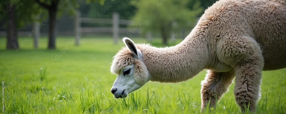 Obraz premium Fluffy alpaca grazes in a green meadow. This gentle South American camelid has thick wool and enjoys fresh grass. It is a farm animal often raised for fiber.