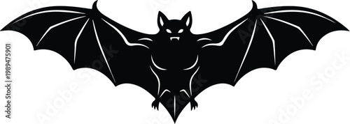 Stylized black silhouette of a bat flying with wings spread wide.