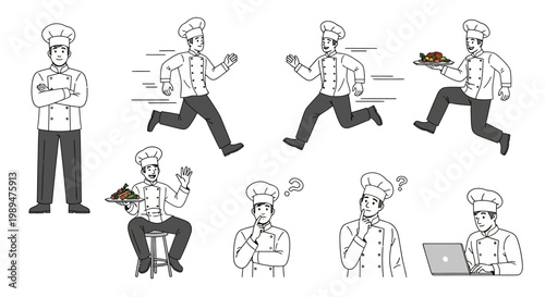 Collection of Chef Poses and Actions in Sketch Style.