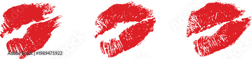 Set of red lipstick kiss marks with varied realistic lip prints isolated on light background for bold graphic design. Grunge textured smudge impressions ideal for beauty branding, posters, packaging, 