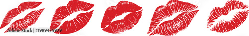 Set of red lipstick kiss marks with varied realistic lip prints isolated on light background for bold graphic design. Grunge textured smudge impressions ideal for beauty branding, posters, packaging, 