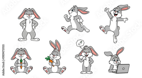 Collection of Adorable Cartoon Bunny Characters in Various Poses.