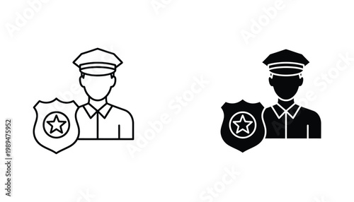 Police officer avatar and shield badge icon set for law enforcement and security services vector illustration