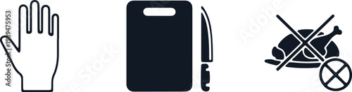 Glove, cutting board with knife, and prohibition sign over cooked chicken on transparent background.