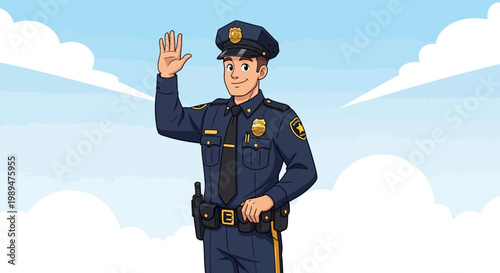Friendly police officer waving hello illustration.