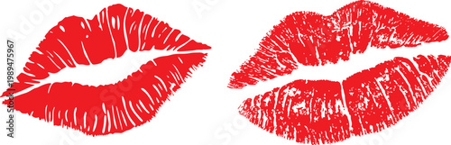 Fotografie Set of red lipstick kiss marks with varied realistic lip prints isolated on light background for bold graphic design