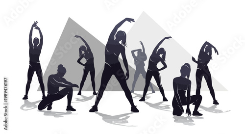 Silhouettes of people stretching and exercising in a group, demonstrating various fitness poses against a geometric background.